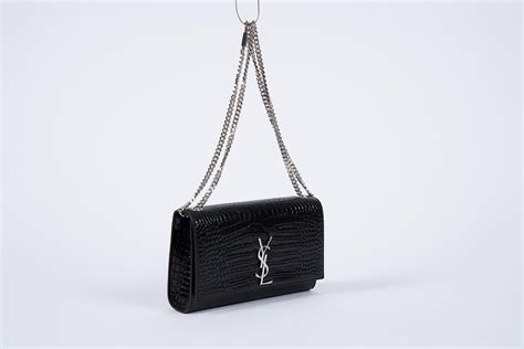 Yves Saint Laurent YSL Crocodile Embossed Black Patent Bag